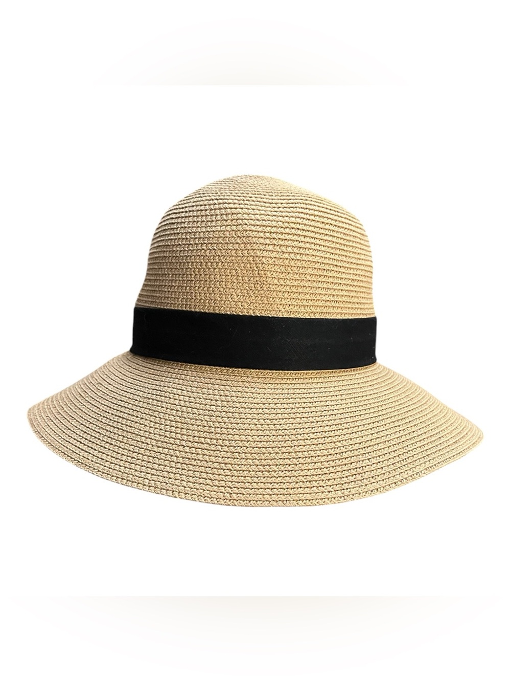 Furtalk Brand Wide Brim Straw Sun Hat with Black Band in Beige